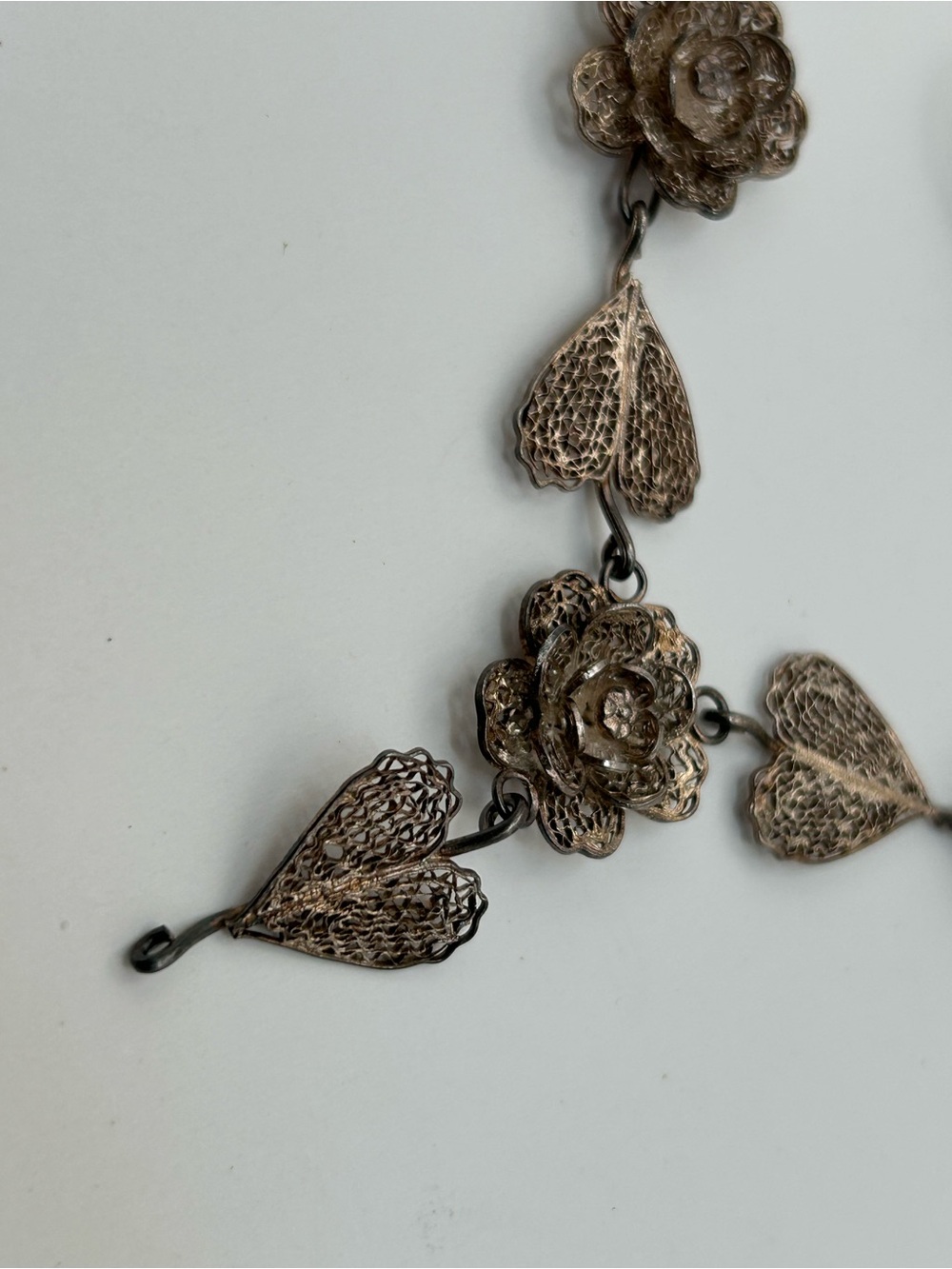 Vintage Antique Sterling Silver Filigree Rose Necklace and C-clasp Brooch 18”